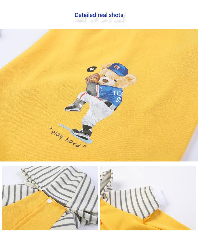 Autumn/Winter Dog Clothes - Yellow Hoodie with Striped Hood & Baseball Bear (Size - XL)