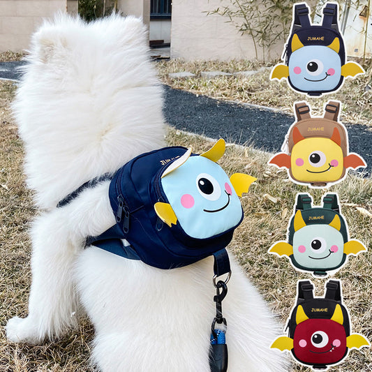 Brown Adorable Monster Pet Backpack Harness - Small Dog & Cat Treat Pouch with Poop Bag Dispenser